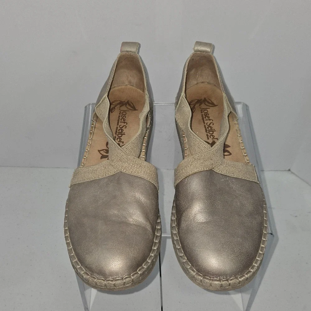 Josef Seibel Womens 40 Metallic Gold Leather Elastic Strap Espadrille Flat AC898